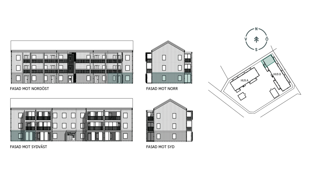 Fasadritningar lägenhet 45E, brf. Peggen i Ängelholm