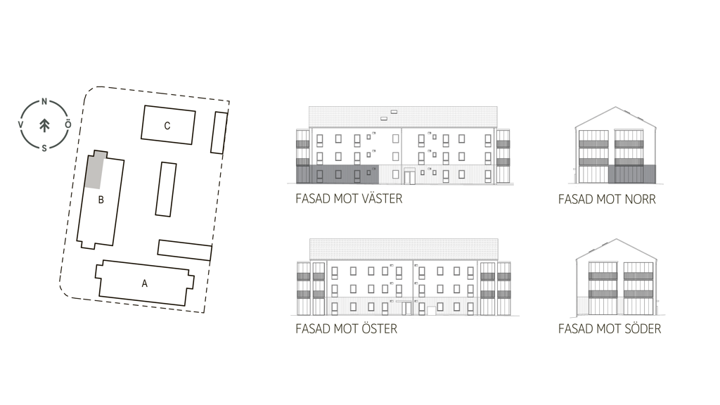 Sitplan och fasader lgh B1001 i brf. Violinen, Falkenberg