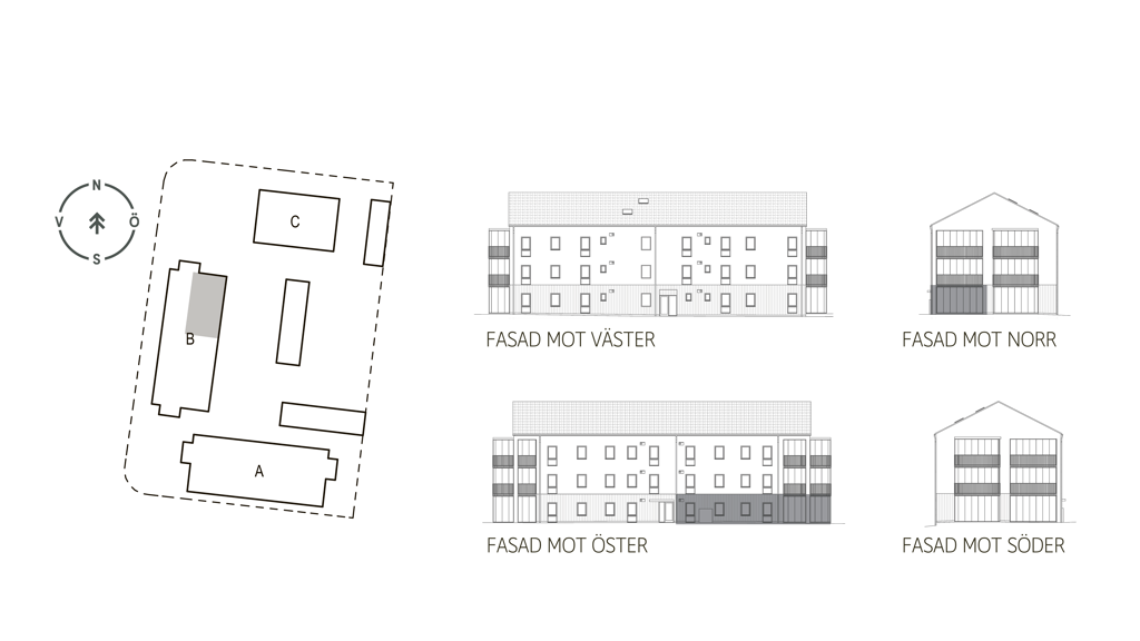 Sitplan och fasader lgh B1002 i brf. Violinen, Falkenberg
