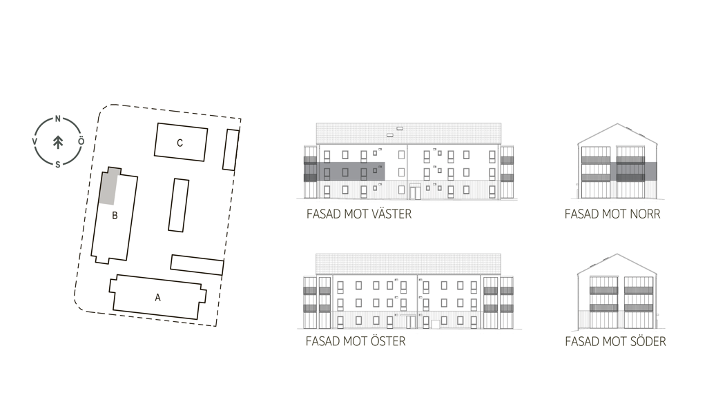 Sitplan och fasader lgh B1101 i brf. Violinen, Falkenberg