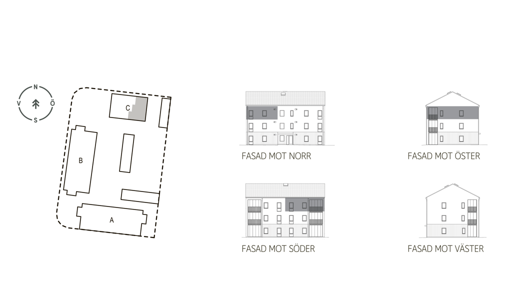 Sitplan och fasader lgh C1201 i brf. Violinen, Falkenberg