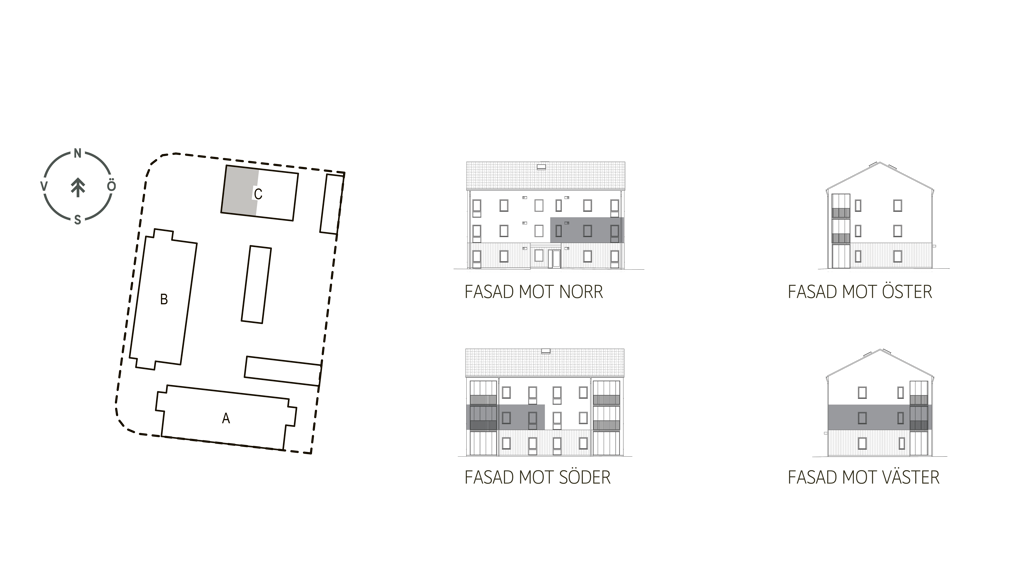 Sitplan och fasader lgh C1102 i brf. Violinen, Falkenberg