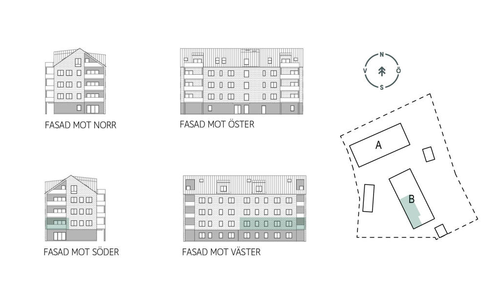Sitplan och fasader lgh B1102 i brf. Nya Magasinet, Varberg
