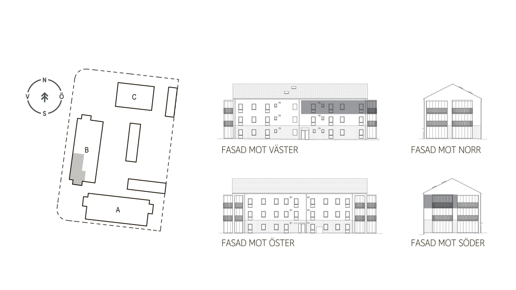 Sitplan och fasader lgh B1204 i brf. Violinen, Falkenberg