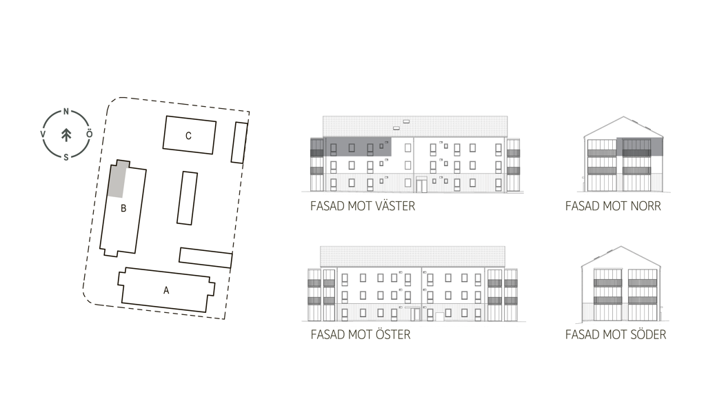 Sitplan och fasader lgh B1201 i brf. Violinen, Falkenberg