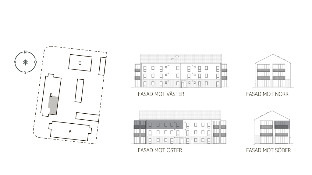Sitplan och fasader lgh B1203 i brf. Violinen, Falkenberg