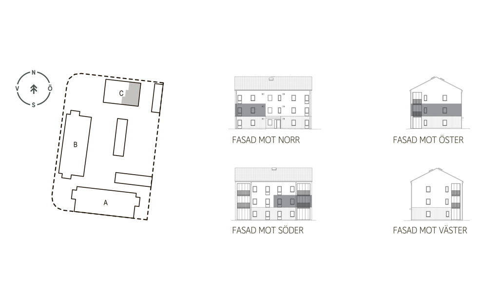 Sitplan och fasader lgh C1101 i brf. Violinen, Falkenberg