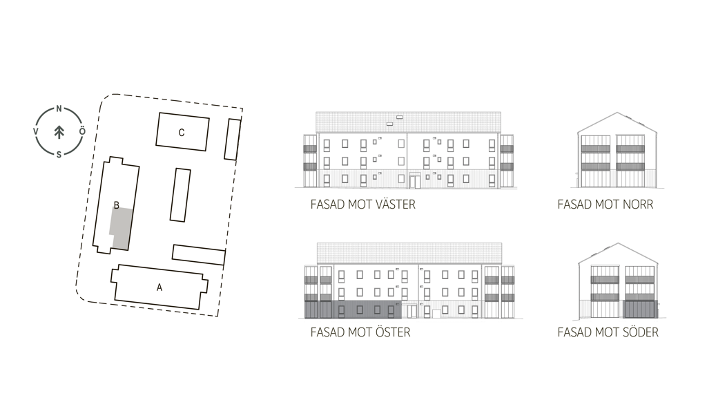 Sitplan och fasader lgh B1103 i brf. Violinen, Falkenberg