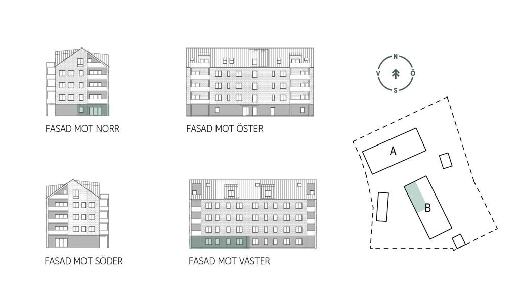 Sitplan och fasader lgh B1003 i brf. Nya Magasinet, Varberg