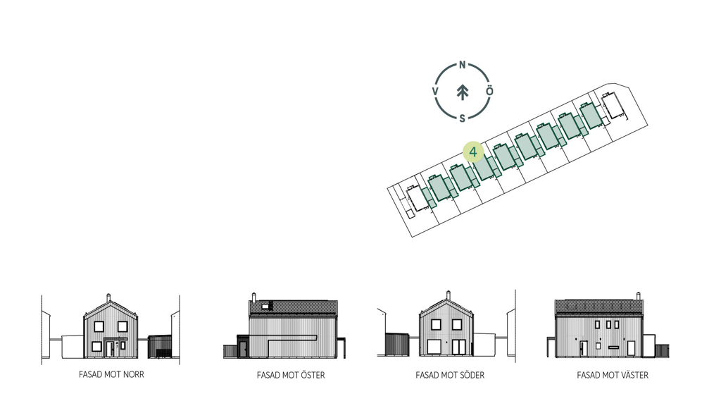 Sitplan och fasader hus 4 i Pilatorpet, Varberg