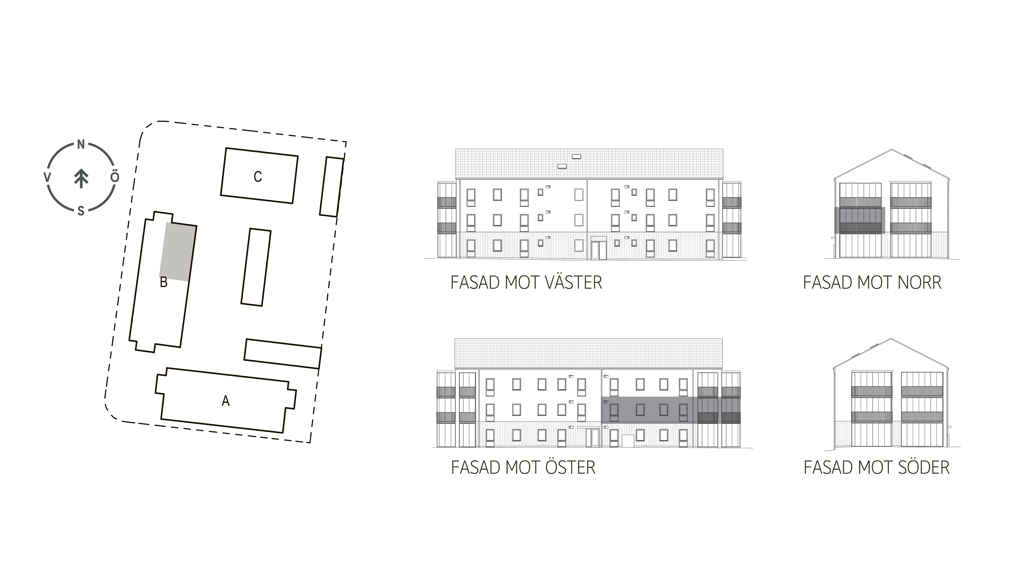 Sitplan och fasader lgh B1102 i brf. Violinen, Falkenberg