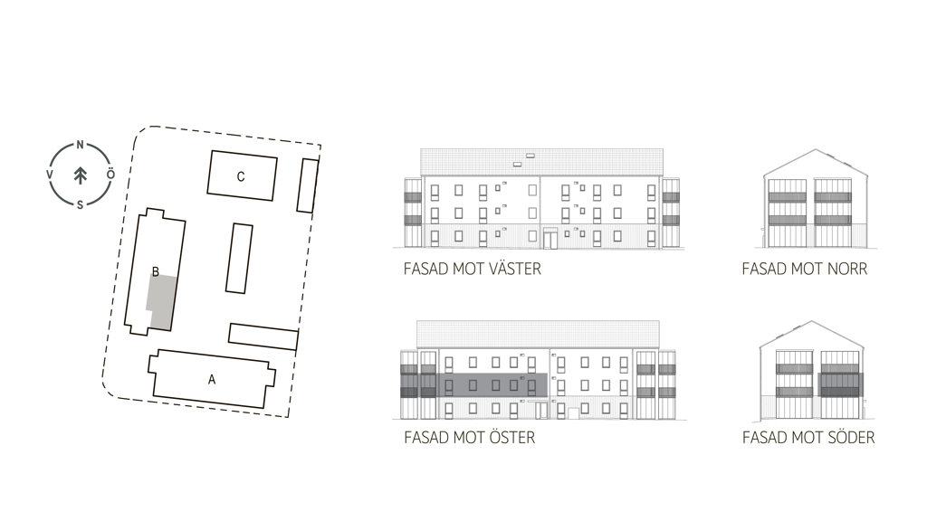 Sitplan och fasader lgh B1003 i brf. Violinen, Falkenberg